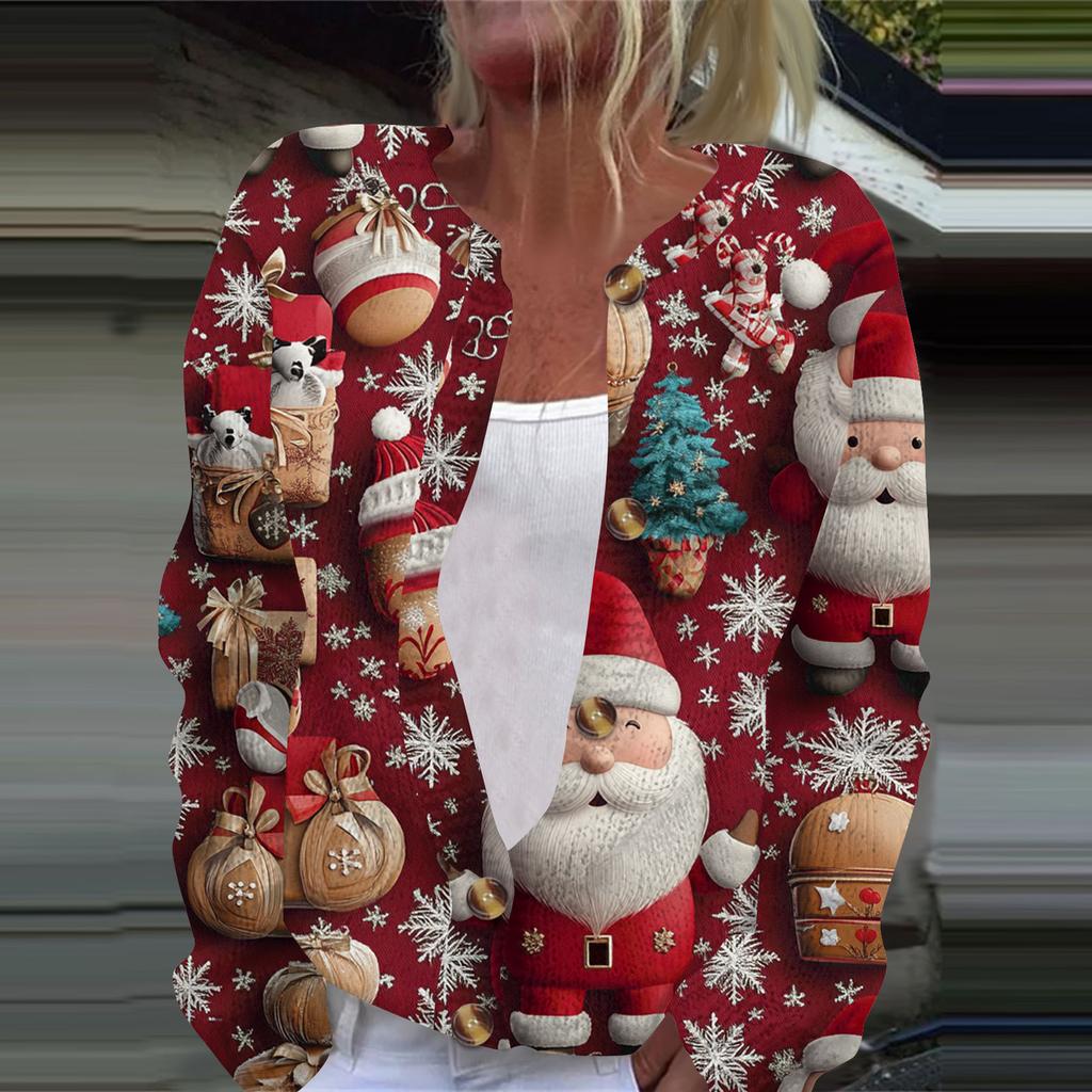 Women's Fashion Christmas Printed Long Sleeve Knitted Cardigan Button Down Jacket
