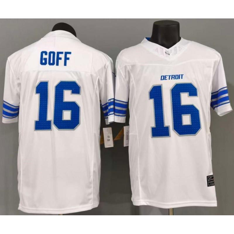 Mens Detroit Lions 16 Goff 3rd Generation White Football Jersey Size S-3XL