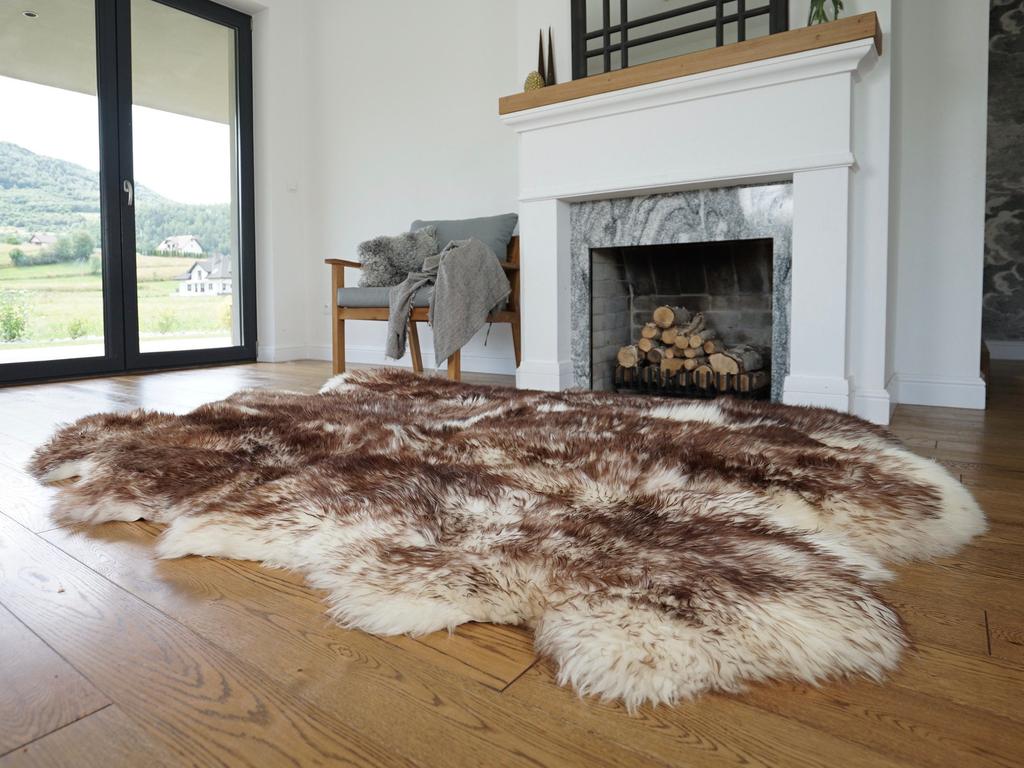 Mouflon Dyed Genuine Sheepskin Rug, Sexto Hide, White And Brown, 200 X 180 , Luxury Natural Wool Floor Covering