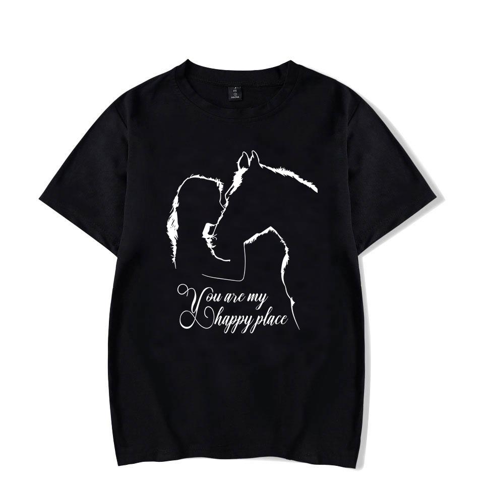 Funny Horse And Girl You Are My Happy Place Print T-shirts Summer Short Sleeve Tee Shirts For Women Round Neck Ladies Personalized Tops