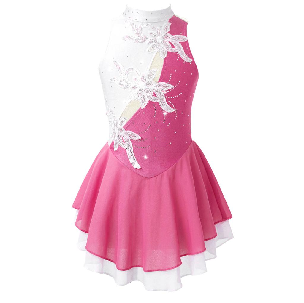 Sequin Floral Figure Ice Skating Dress Child Girls Gymnastics Leotard Ballroom Ballet Dance Costume Lyrical Performance Clothing