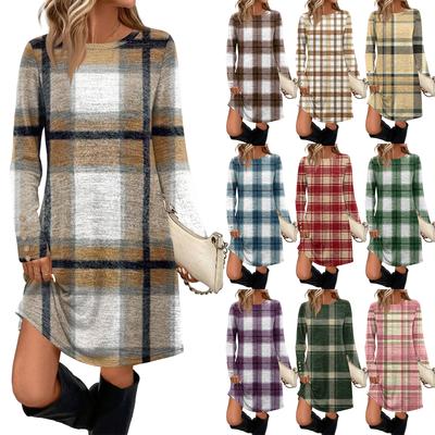 Женское модное повседневное платье с карманами, декоративными пуговицами, круглым вырезом и длинными рукавами