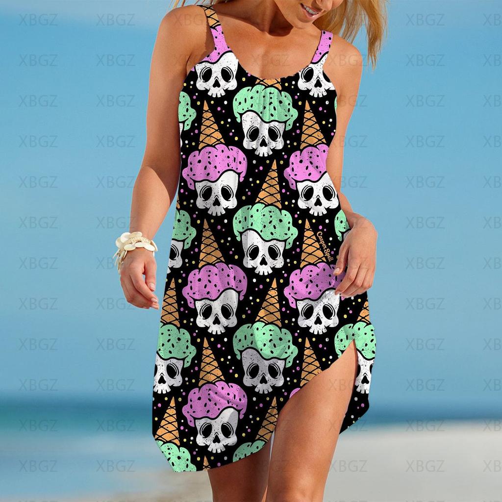 Платья для вечеринок Пляжные женские 2024 Sling Cover-ups Готические бикини Череп Цветок Сексуальная мода Бохо Одежда Выходная 3D цифровая печать
