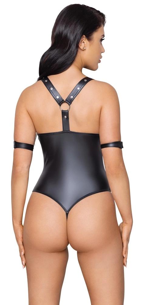 Cottelli Bondage - Sexy Matte Bodysuit with 3 Silver Rings M