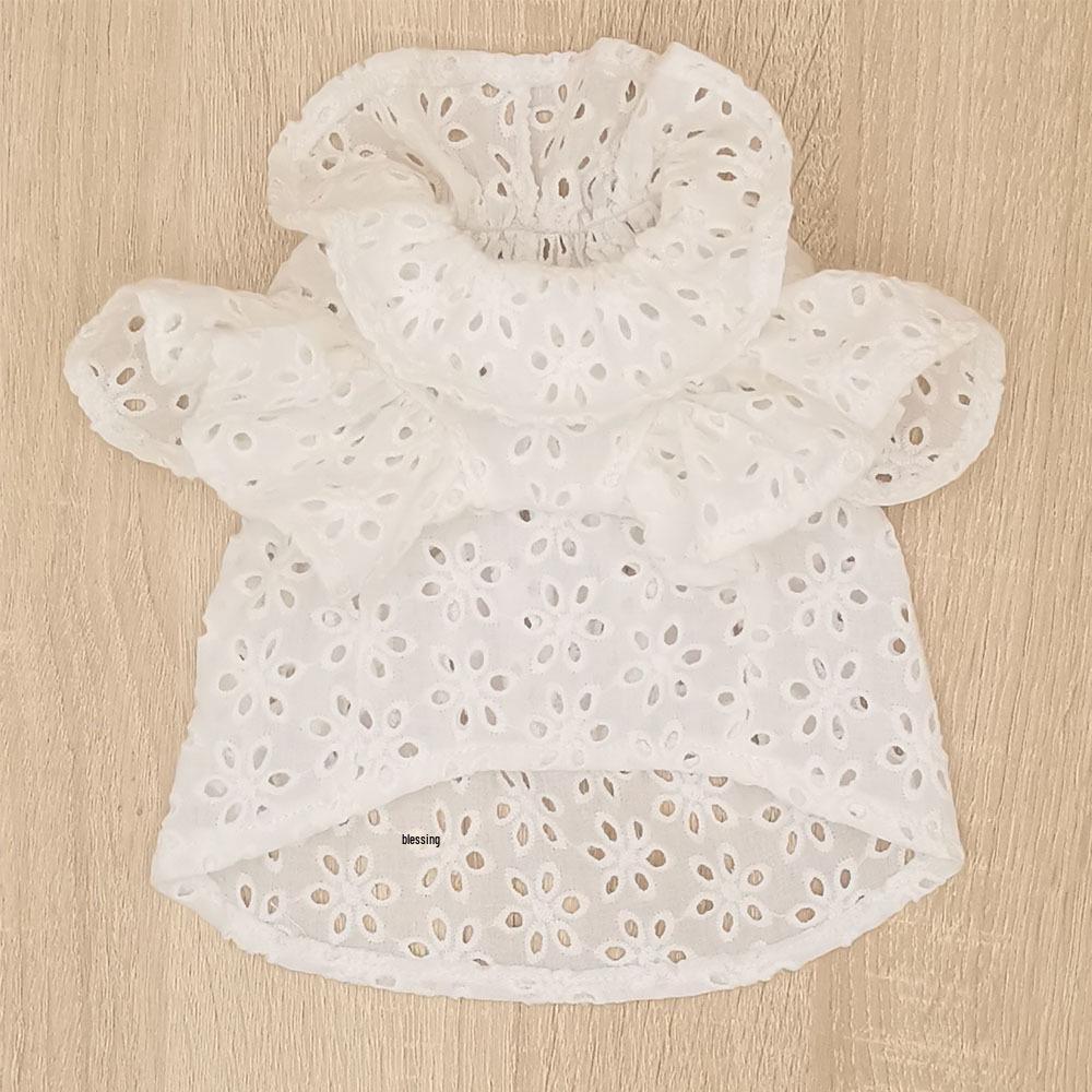 Pet Tulle Dress: Cotton Hollow-Out Lace Top with Flutter Sleeves & Ruffle Collar