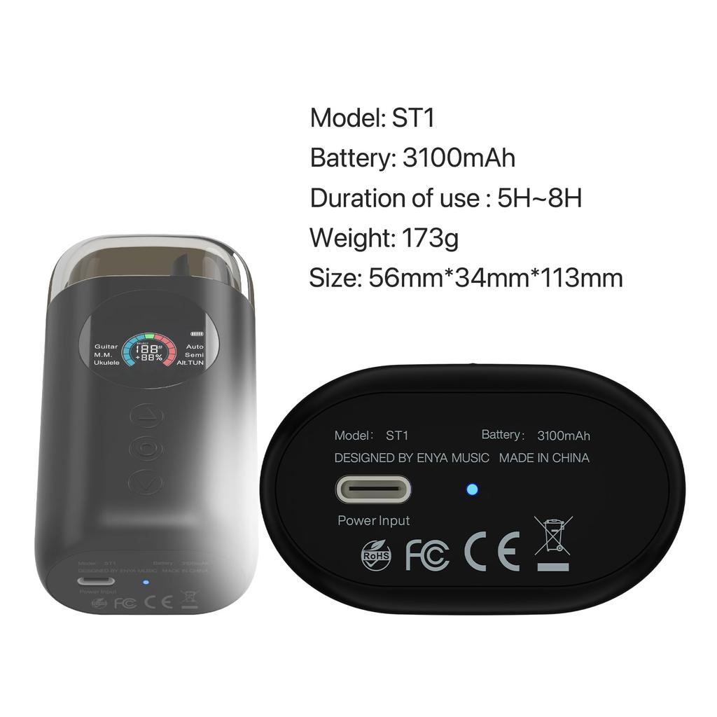 ENYA ST1 Автоматический тюнер-виндер и метроном с полноцветным ЖК-дисплеем для электро- и акустических гитар, укулеле и банджо, черный