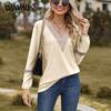 Spring and Autumn Women's Blouse Solid Color V-Neck Loose Lace Patchwork Long Sleeve Top
