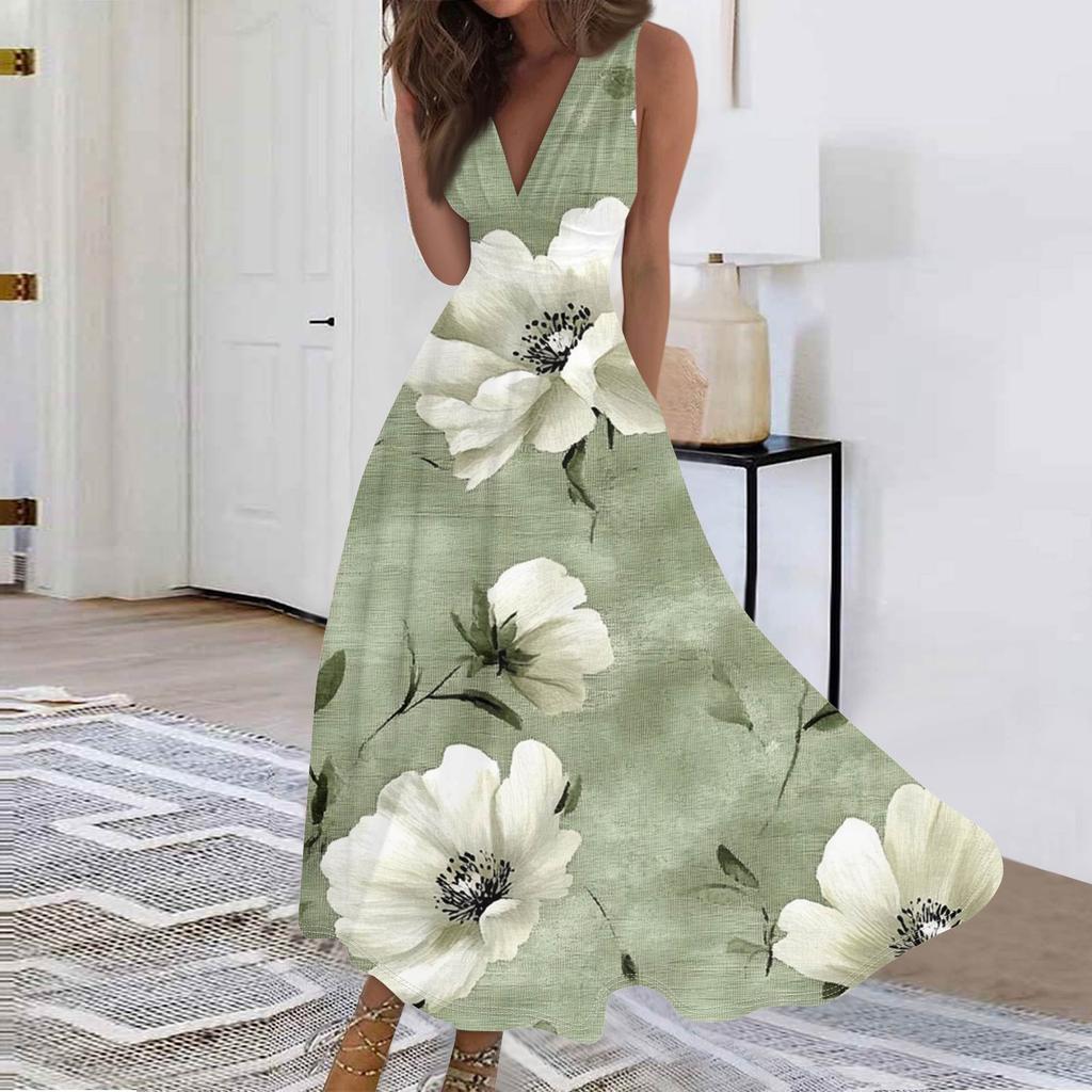 Женские модные повседневные свободные платья с V-образным вырезом без рукавов с принтом