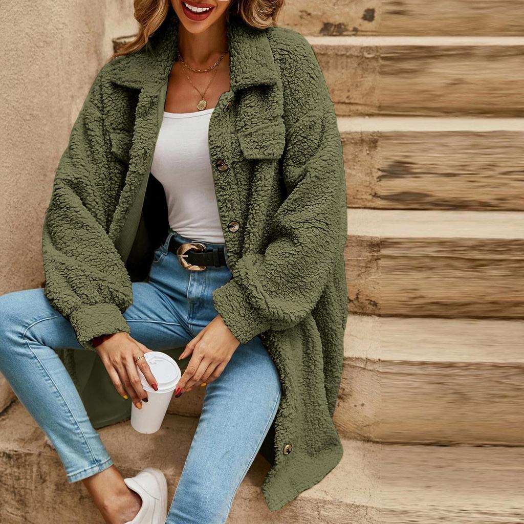 Женская модная однотонная куртка с длинными рукавами, лацканами, пуговицами, плюшевая, теплая, свободного кроя