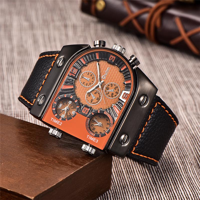 Men's Three Time Zone Leather Strap Sports Watch Outdoor Waterproof Chronograph Quartz Wristwatch