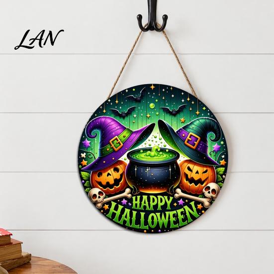 Halloween Gift for Friends Happy Front Door Hanging Sign, Retro Round Witch Hat Magic Cauldron Horror Fantasy Dark Theme Decor Wooden Welcome Pendant