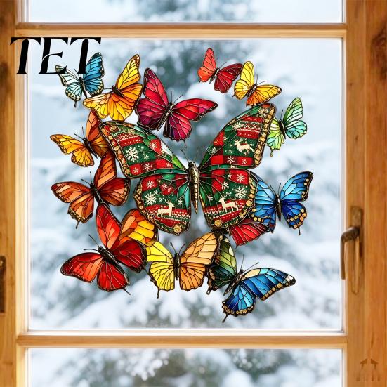 Removable Butterfly Art Stickers Christmas Window Sticker, Stained Glass Style, Colorful Decal, Floral Home Decor Static PVC Waterproof Sticker