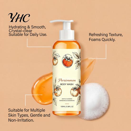 Refreshing Fruity Body Wash Persimmon Wash, 100ml Gentle Exfoliating Shower Gel with Fresh Natural Deodorizing Fruit Scent, Deep Cleansing Mild Daily