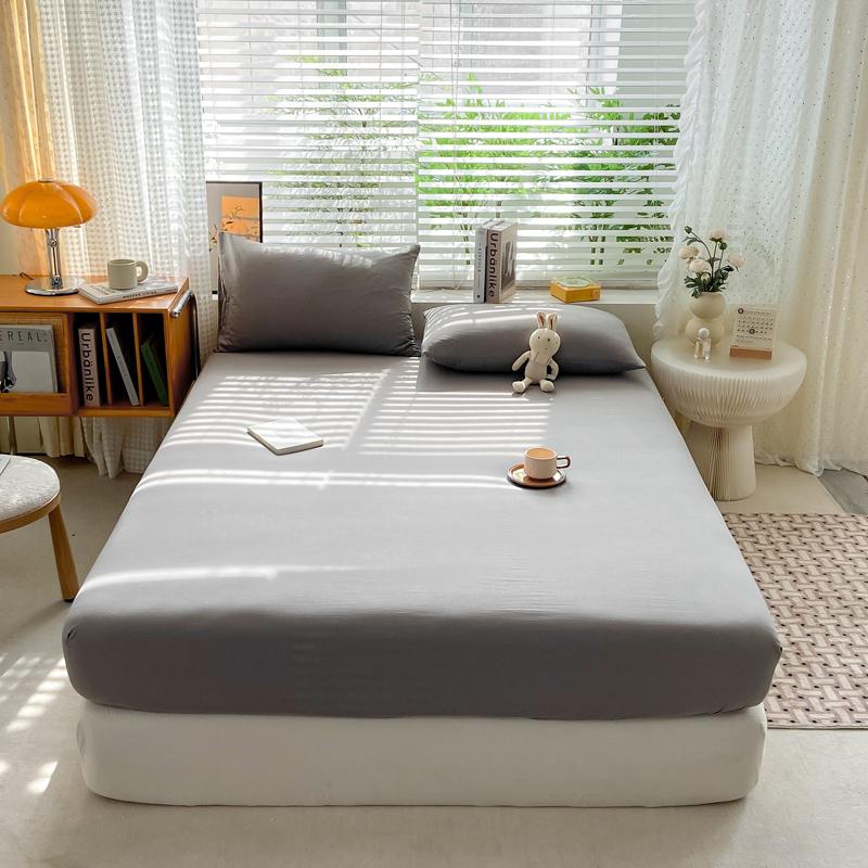 Simple Solid Color Blue Fitted Sheet Set 3Pcs Japanese Style Mattress Cover Skin-friendly Breathable Queen Size Bedding Set