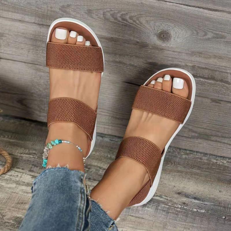 Summer Large Size Women's Shoes Casual Elastic Band Rear Strap Fly-woven Polyurethane Flat Sandals Women