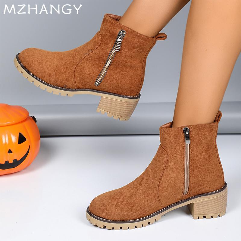 Женские замшевые ботильоны на среднем каблуке, дизайнерская обувь, массивные женские туфли 2024 года, модные короткие ботинки «Челси», зимние туфли-лодочки, новые женские ботинки