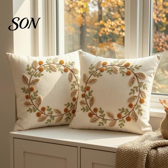 Hidden Zipper Cushion Covers Autumn Wreath Cover, Thanksgiving Throw Pillow Leaf Embroidery Soft Cases Case for Sofa Couch Farmhouse Home Decor,