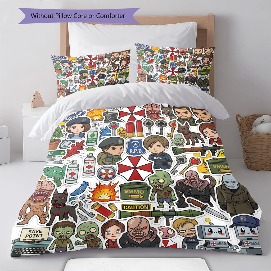 Resident Evil Pattern Bedding Quilt Set Quilt Cover Pillowcase Home Birthday Gift(1 * duvet cover + 2 * pillowcase, without core)