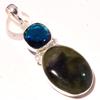 Blue Fire Labradorite Iolite Gemstone Pendant Handmade Jewelry 2.6" d5V01