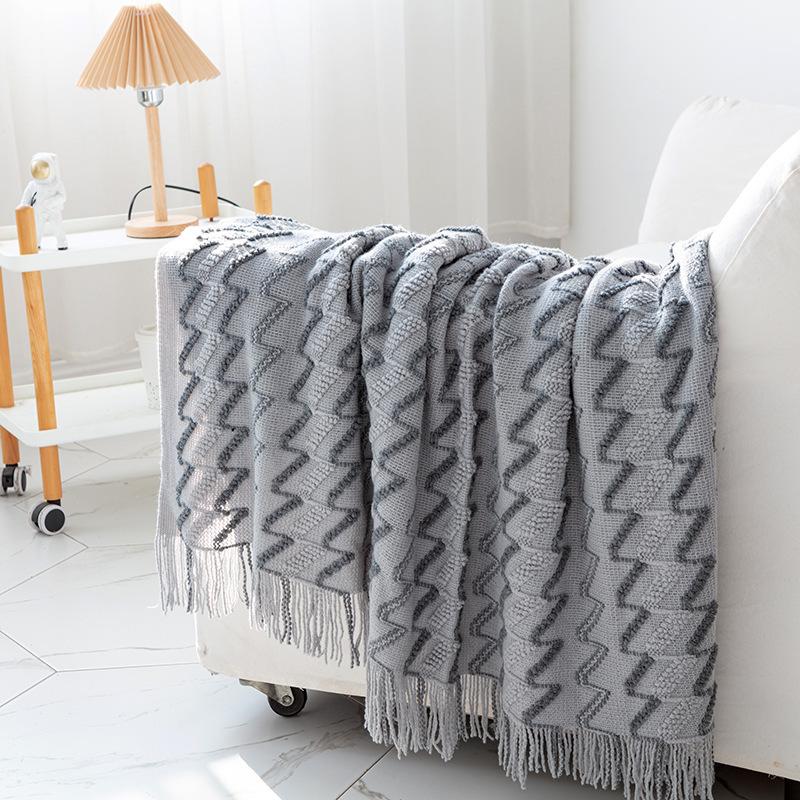 Two Tone Knitted Sofa Throw Blanket Soft Air Conditioning Blanket for Bed Nap Office