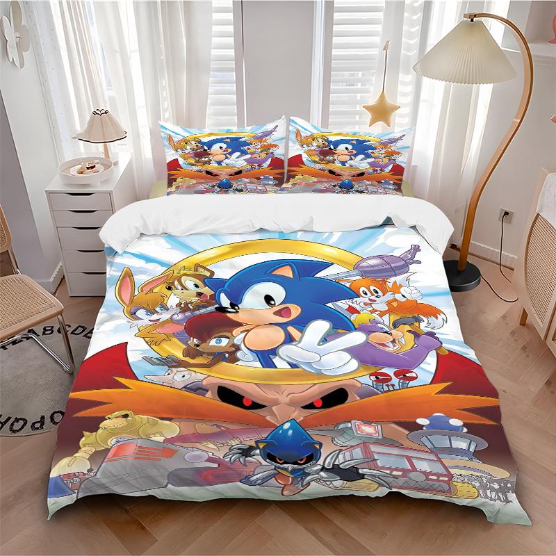 3pcs Sonic the Hedgehog Quilt Cover Set - Soft and Cozy Bedroom, Guest Room and Dorm Decorative Bedding 3-Piece Set 1 Quilt Cover + 2 Pillow Sham