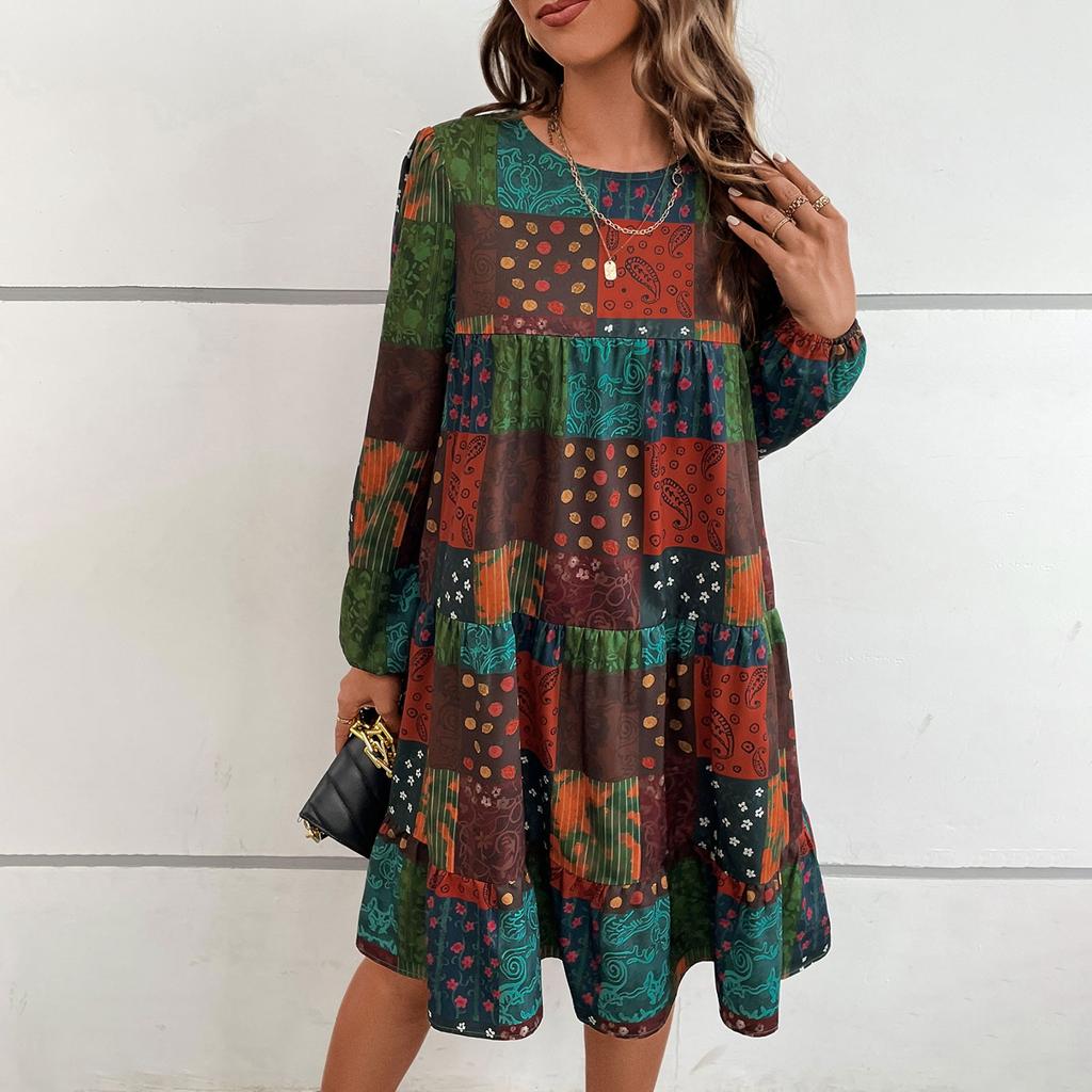 Женское повседневное и модное кукольное платье с круглым вырезом и длинными рукавами с принтом