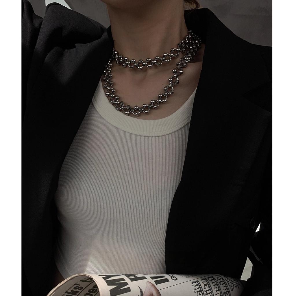 Punk  Hip-hop Fancy Handmade Round Beads Stainless Steel O Word Clavicle Chain Necklace Accessaries Choker for Women Men Jewelry