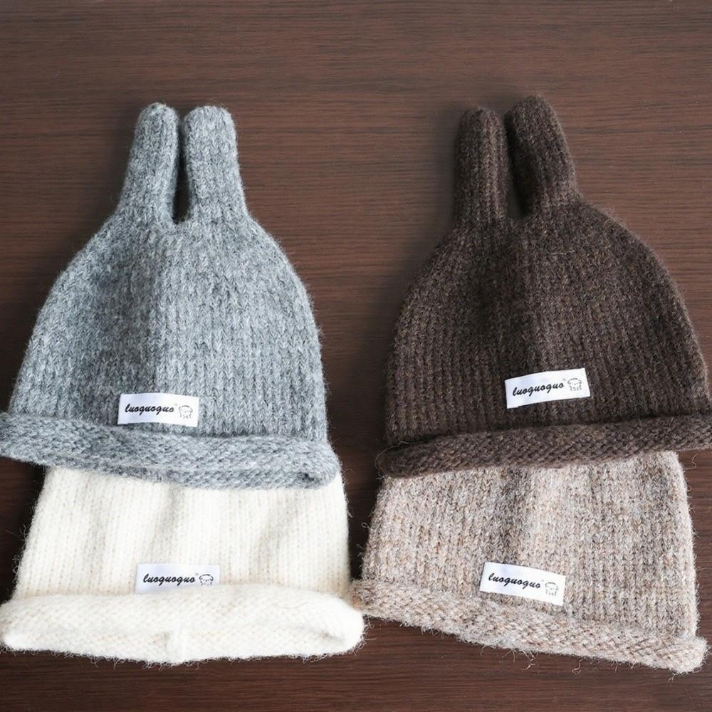 Soft Knitted Kids Pullover Hat Rolled Edge Rabbit Ear Knit Hat Cute Baby Beanie  For Boys Girls
