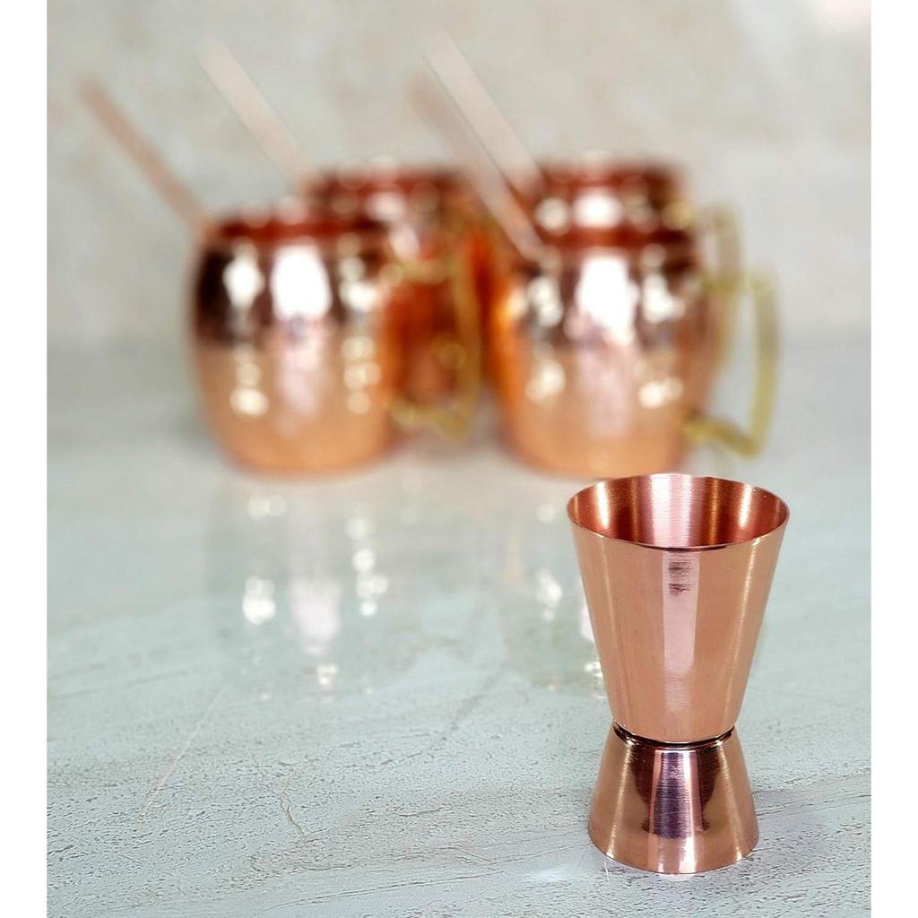 Moscow Mule Cocktail Copper Mugs - Set of 4 Mugs, 4 Copper Straws, and a Peg Measurer (Mules Hammered with Modern Handle)
