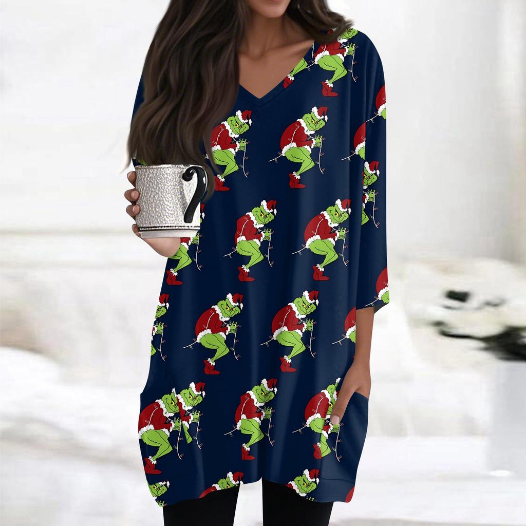 Женские топы с V-образным вырезом и рукавом 3/4, повседневные блузки средней длины, модные туники с рождественским принтом и карманами