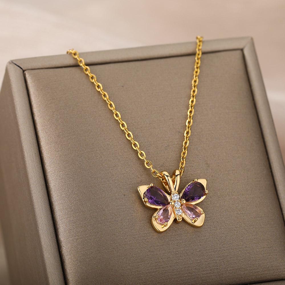 Cute Butterfly Necklace For Women Stainless Steel Crystal Purple Zircon Aesthetic Necklaces Charms Collar Choker Party Jewelry