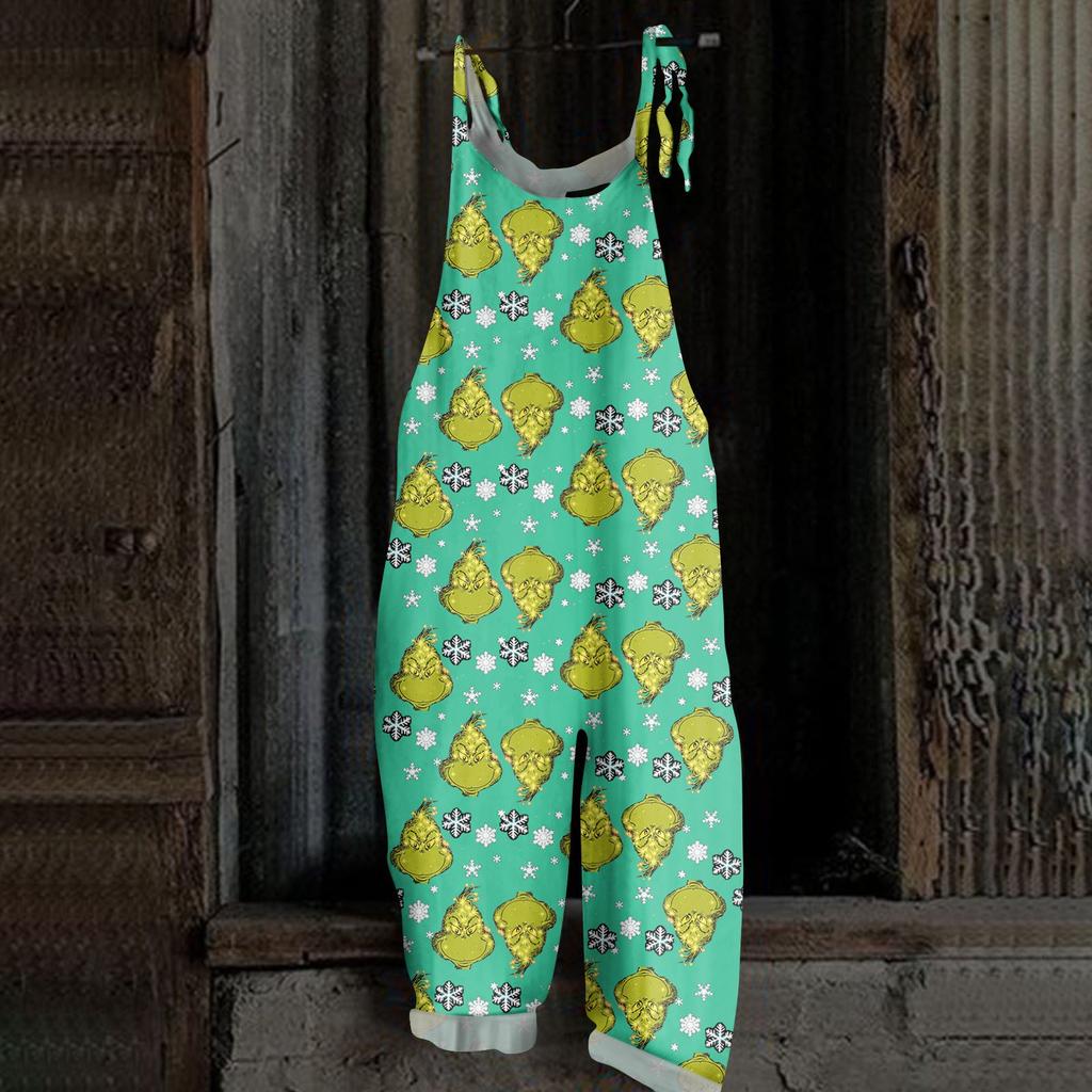 Женский повседневный свободный комбинезон с рождественским принтом, комбинезон с широкими штанинами, без рукавов, с карманами