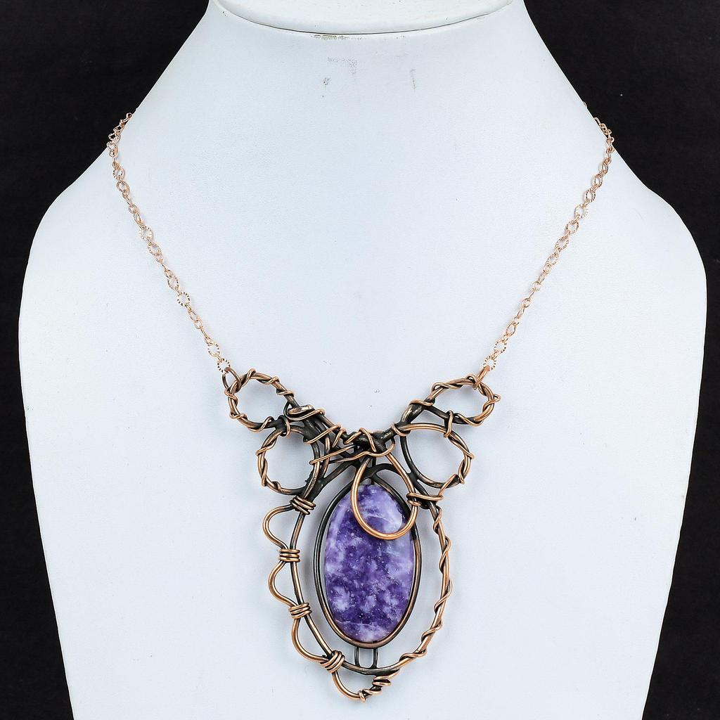 Ожерелье из лепидолита, ожерелье, обмотанное медной проволокой, ожерелье с регулируемой цепочкой, драгоценный камень, медные украшения, элегантное ожерелье ручной работы, антикварные украшения