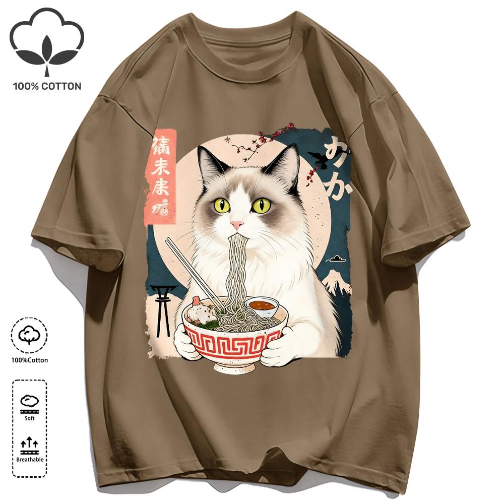Puppet Cats Who Like To Eat Lamian Noodles T-Shirt Unisex Cotton O-Neck Tee Summer Loose Clothing Fashion Unisex Retro Short Sleeve