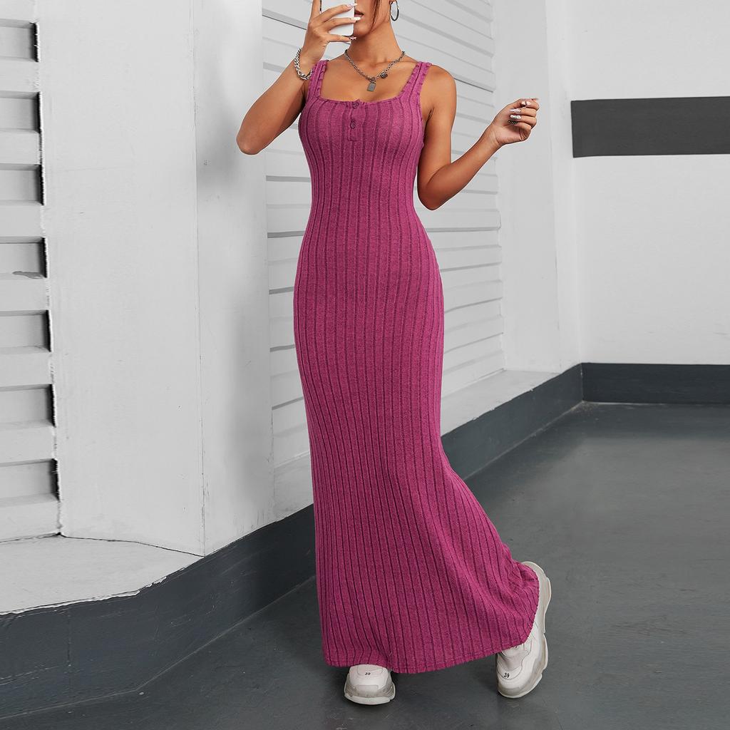 Женские летние повседневные длинные платья без рукавов с пуговицами на шее, облегающие платья с эластичным кроем