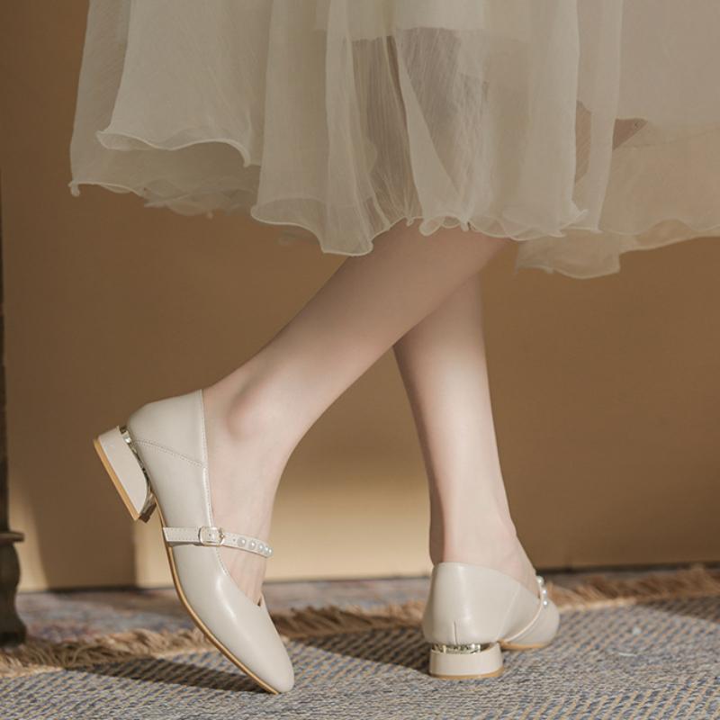 2024 Новые туфли Мэри Джейн с жемчугом, модные повседневные туфли в стиле ретро, простые универсальные туфли с квадратным носком, однотонные туфли для женщин