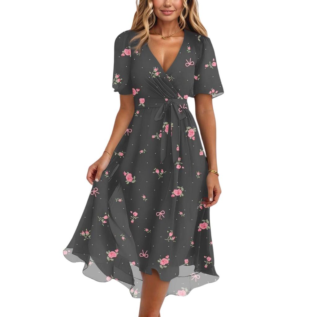 Women's Fashion Casual V Neck Short Sleeve Ruffled Vintage Printed Dresses