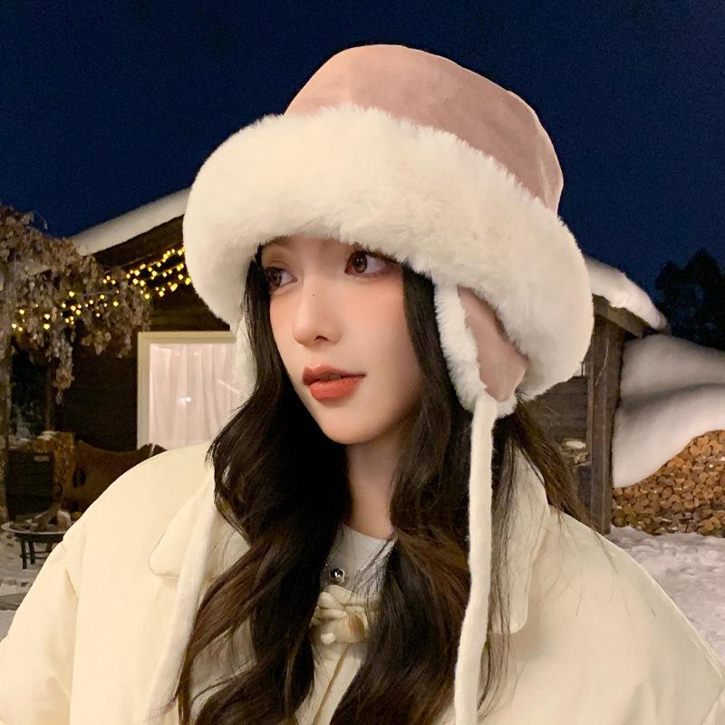 Женская теплая ветрозащитная плюшевая шляпа-горшок для женщин, шляпа из оленьей кожи и бархата для защиты ушей, подчеркивающая лицо, маленькая утолщенная шляпа-рыбак