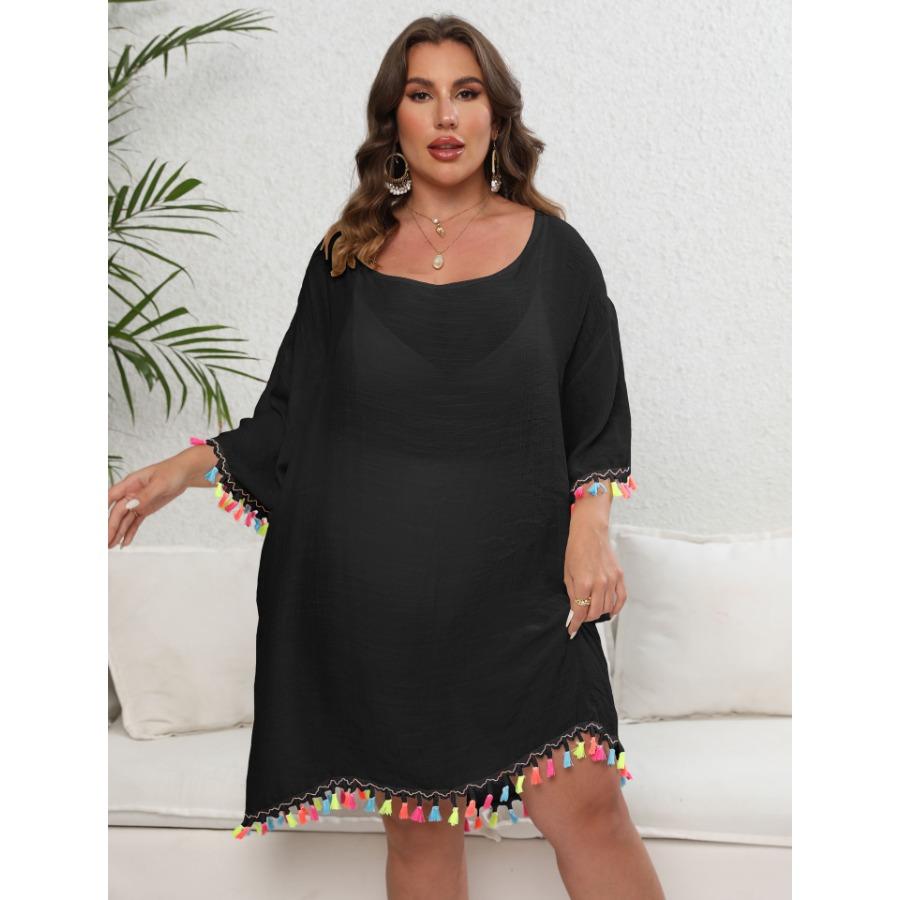 Белое, черное абрикосовое женское платье большого размера с кисточками в стиле пэчворк с разрезом на шее, сексуальное пляжное бикини с открытой спиной и завязками, накидки, платья