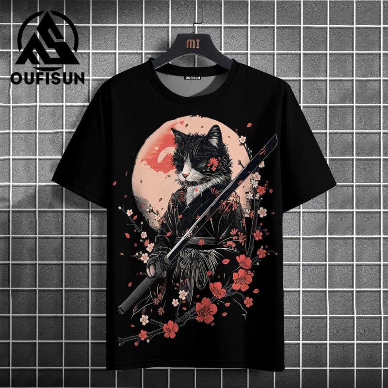 2024 Japanese Style Men's T-Shirt Samurai Cat Pattern T-Shirt Casual Loose Short Sleeved Tees Oversized Men Clothing Tops Summer
