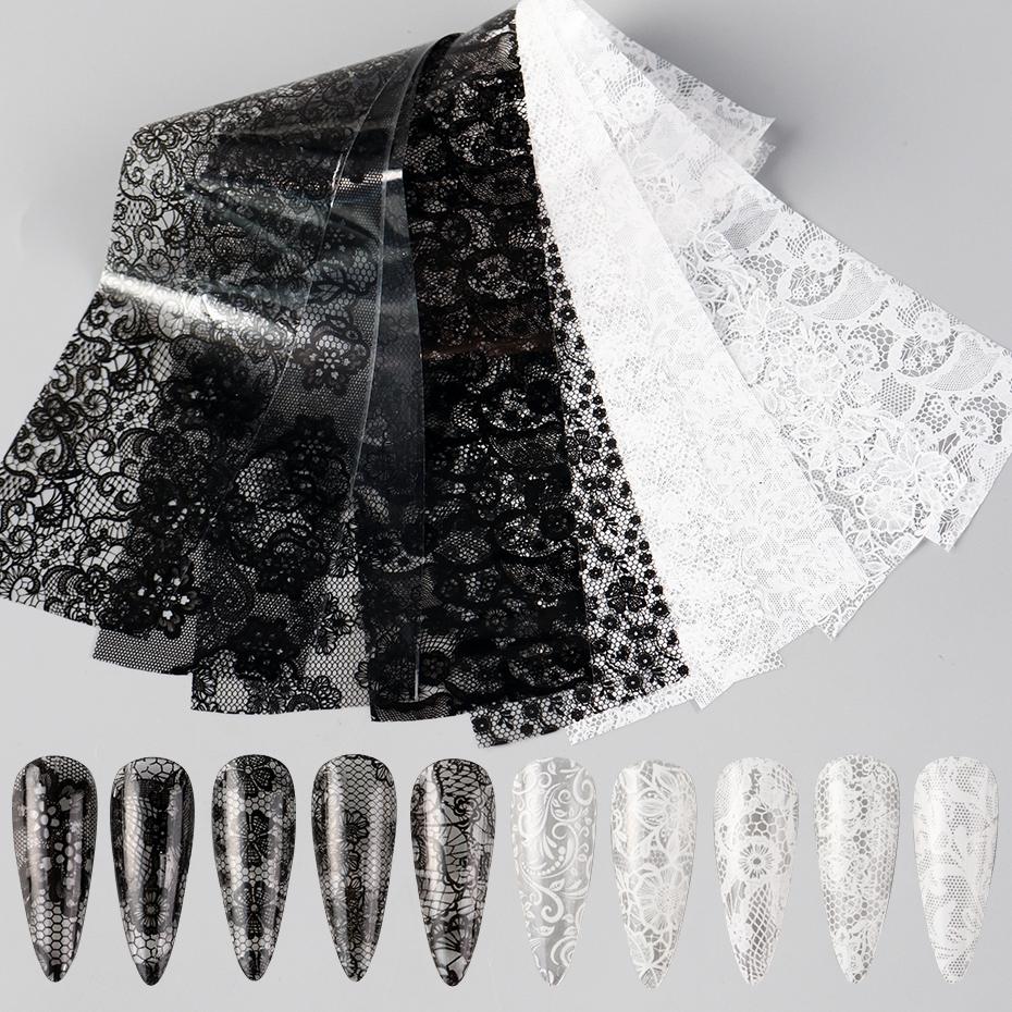 10pcs Elegant Black White Lace Flowers Nail Transfer Foils Stickers Black And White Sexy Lace DIY Charms Nail Art Decoration
