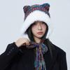 Autumn and Winter Cute Ears Big Head Circumference Colorful Thick Wool Female Warm Face Small Plush Contrasting Color Hat Knitted Hat