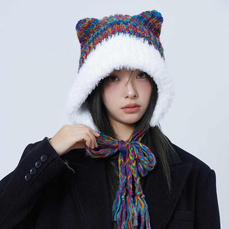 Autumn and Winter Cute Ears Big Head Circumference Colorful Thick Wool Female Warm Face Small Plush Contrasting Color Hat Knitted Hat
