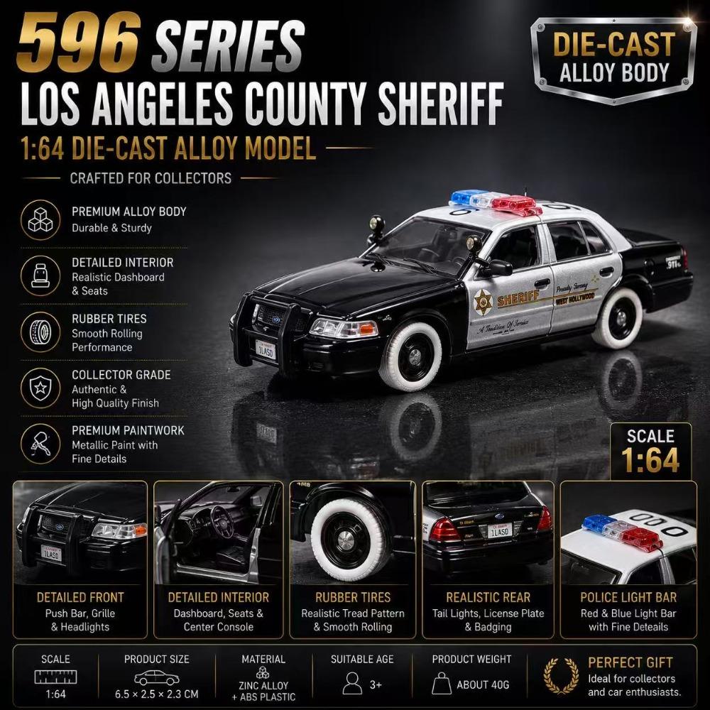 596 1:Масштаб 1:64 Ford Crown Victoria LASD Полицейская машина 596-124 Белый цвет с прозрачным покрытием Колеса