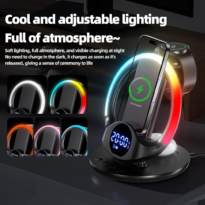 6-in-1 Wireless Charger with RGB Ambient Light & Alarm Clock Station for Iphone/Samsung Phone, iWatch/Galaxy Watch, AirPods/Buds
