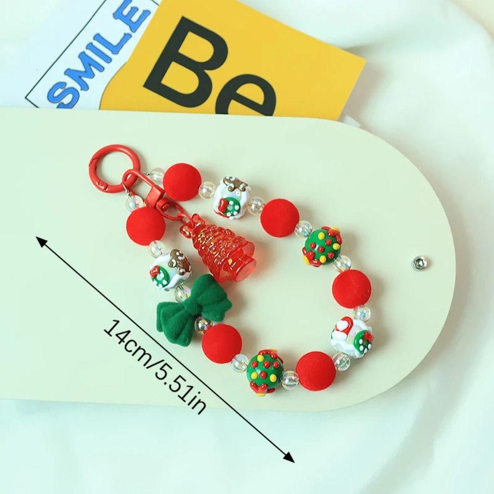 Santa Claus Plush Beads Keychain Flocked Bowknot Beaded Cell Phone Lanyard  Unisex