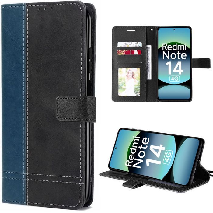 Coque de protection - E.F.CONNECTION - Pour Xiaomi Redmi Note 14 4G - Cuir PU - Antichoc - Bicolore Bleu Marine