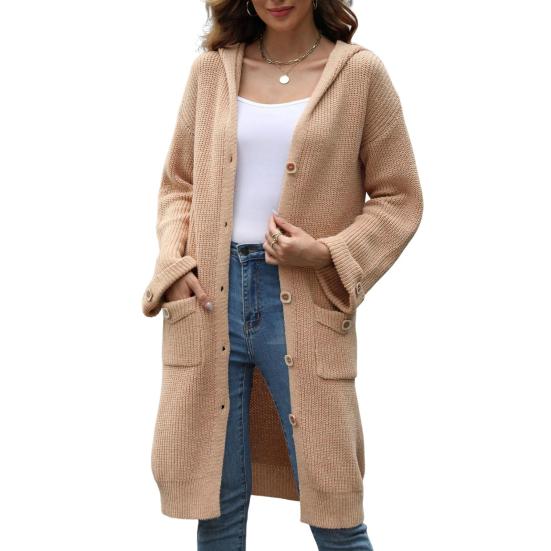 Women Knitted Cardigan Hooded Long Sleeve Single Breasted Sweater Coat with Pockets Solid Color Loose Fit Mid-length Knitwear