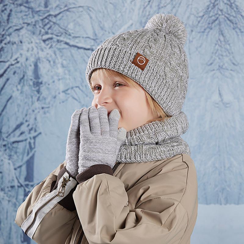 Children's Cap Scarf Gloves Three-Piece Set Coldproof Wool Cap Boys Girls Outdoor Warm Knitted Hat
