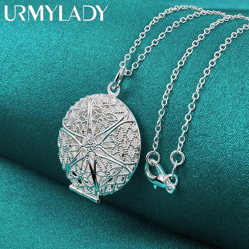 URMYLADY 925 Sterling Silver Round Picture Frame Pendant Necklace Chain For Women Wedding Engagement Charm Jewelry